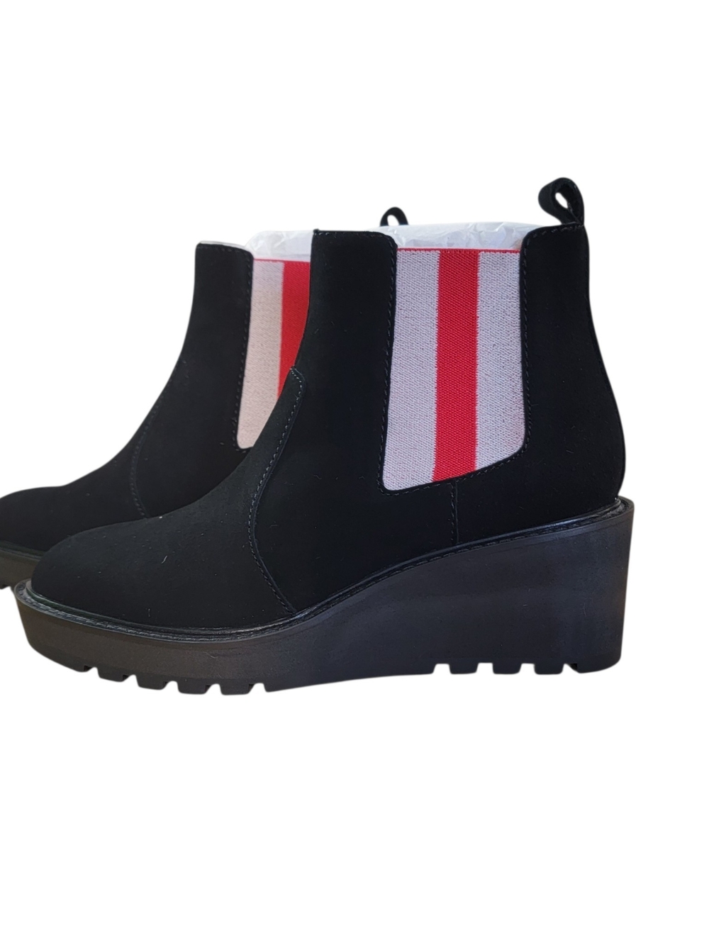 CECELIA NEW YORK Gemma Black Suede Wedge Chelsea Boot with Striped Panels